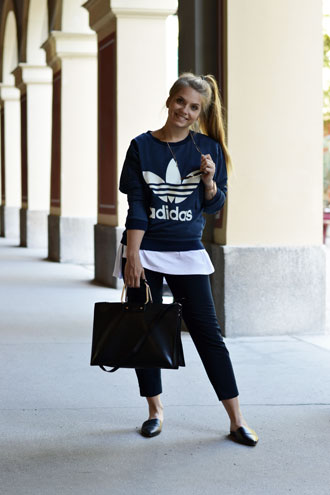 All blue everything: adidas hoodie & slippers
